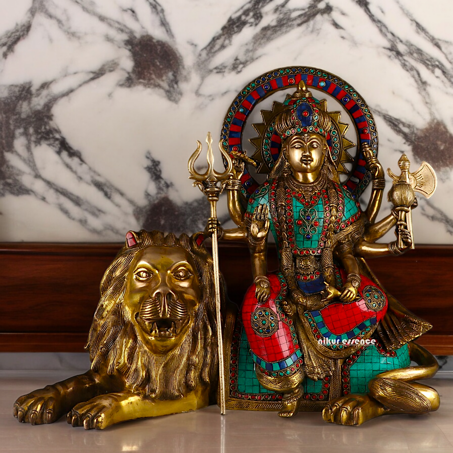 Online Durga Maa Sitting on Lion Statue with Stone Work - 16.535 inches