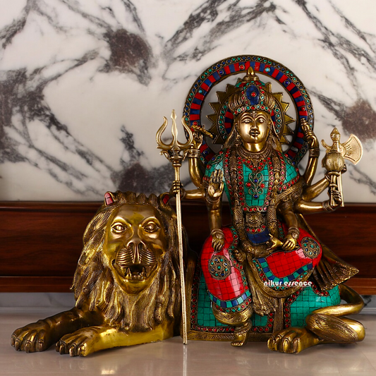 Online Durga Maa Sitting on Lion Statue with Stone Work - 16.535 inches Nikuressence Brass durga lion Brass Hindu Goddess Durga brass idols for gifting Buy brass durga in usa Buy durga idol online brass Buy durga statue in usa craftvatika diwali gift for relatives diwali gift ideas for customer durga devi statue durga idol brass durga idol image Durga Seated on Lion Statue Handcrafted Handcrafted Brass Art Online durga lion Solid Brass Lion Statue