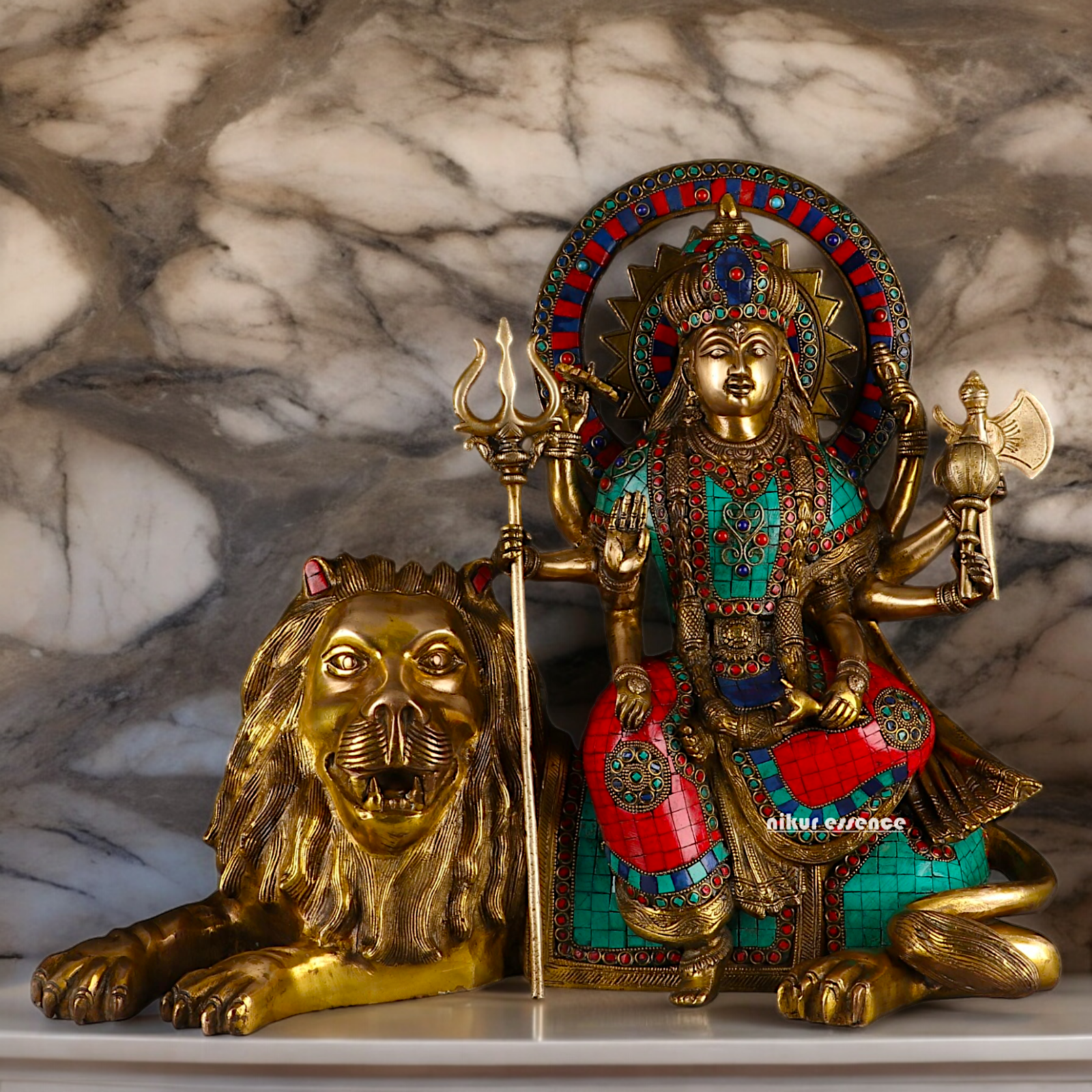 Online Durga Maa Sitting on Lion Statue with Stone Work - 16.535 inches