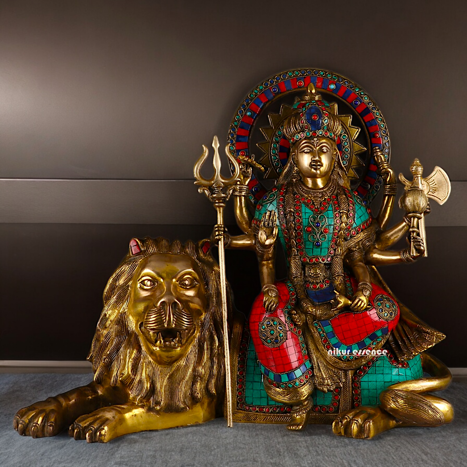 Online Durga Maa Sitting on Lion Statue with Stone Work - 16.535 inches