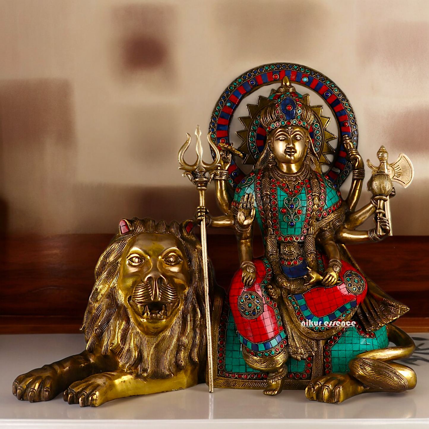 Online Durga Maa Sitting on Lion Statue with Stone Work - 16.535 inches