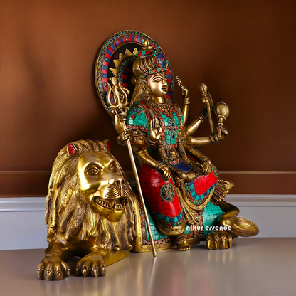 Online Durga Maa Sitting on Lion Statue with Stone Work - 16.535 inches