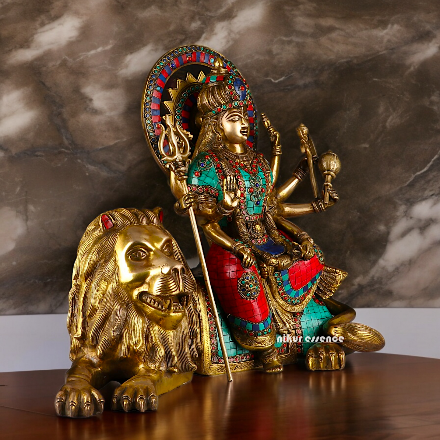 Online Durga Maa Sitting on Lion Statue with Stone Work - 16.535 inches