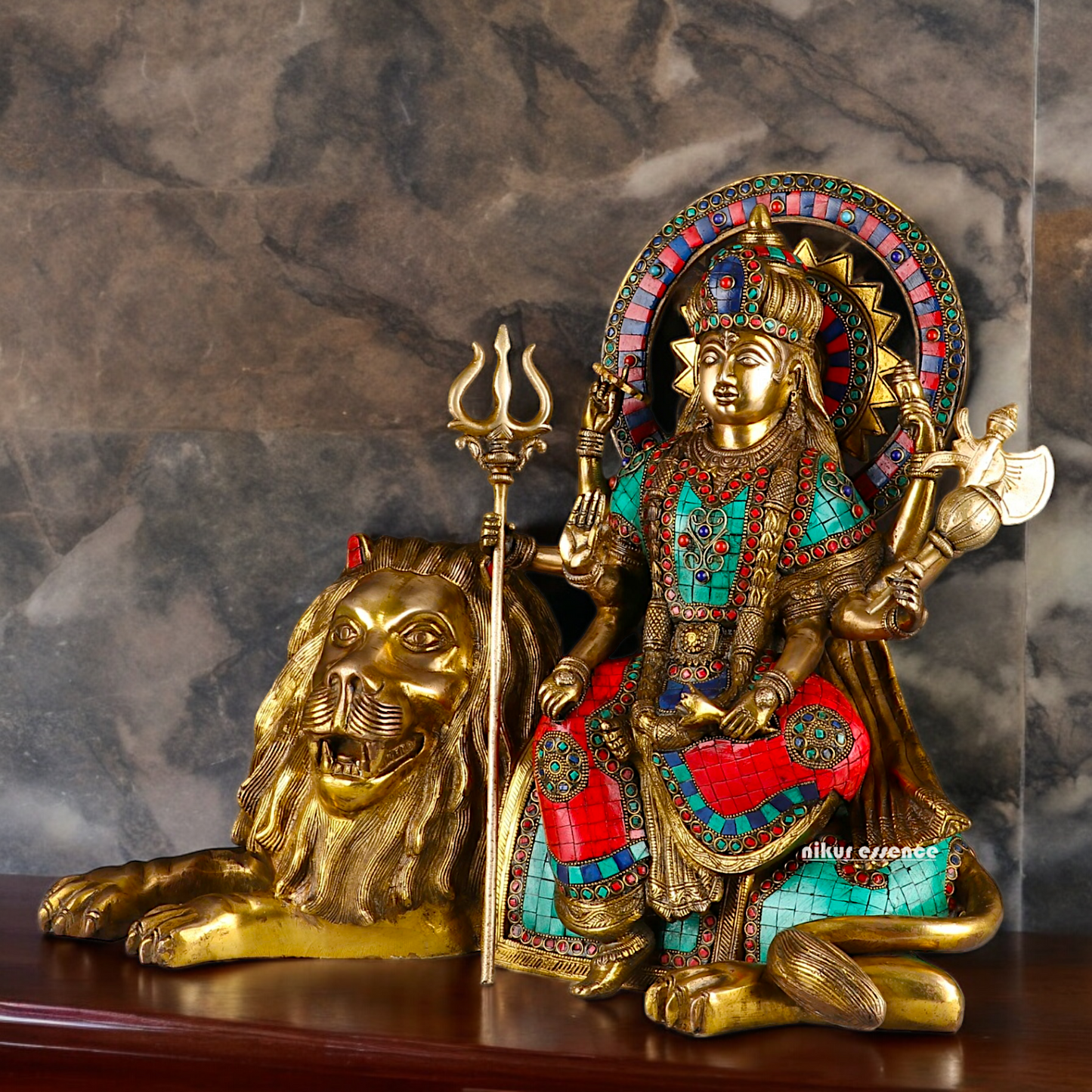 Online Durga Maa Sitting on Lion Statue with Stone Work - 16.535 inches