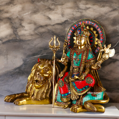 Online Durga Maa Sitting on Lion Statue with Stone Work - 16.535 inches