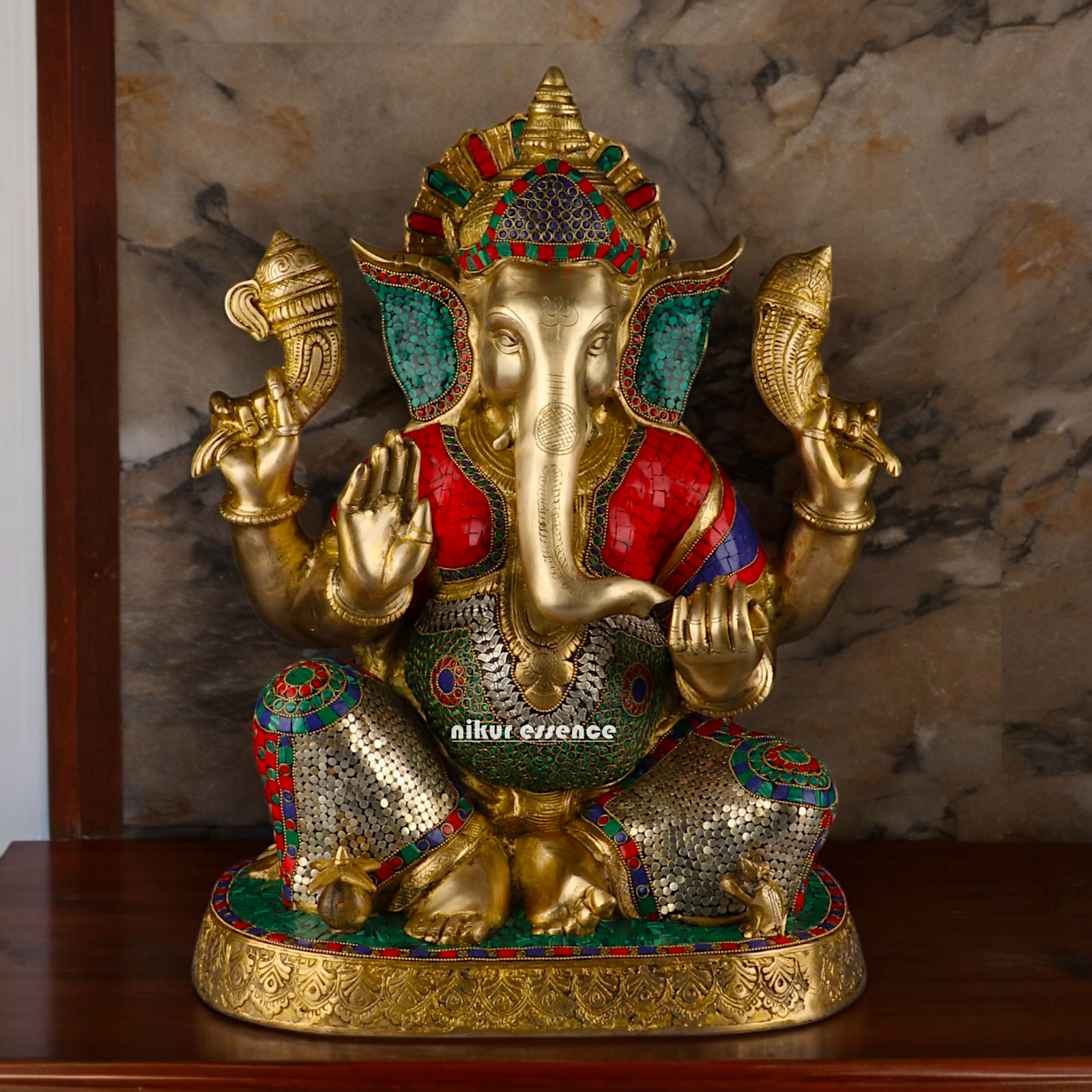 Large Ganesh Ganpati Sitting Brass beautiful Idol with Stone Work - 22 inches