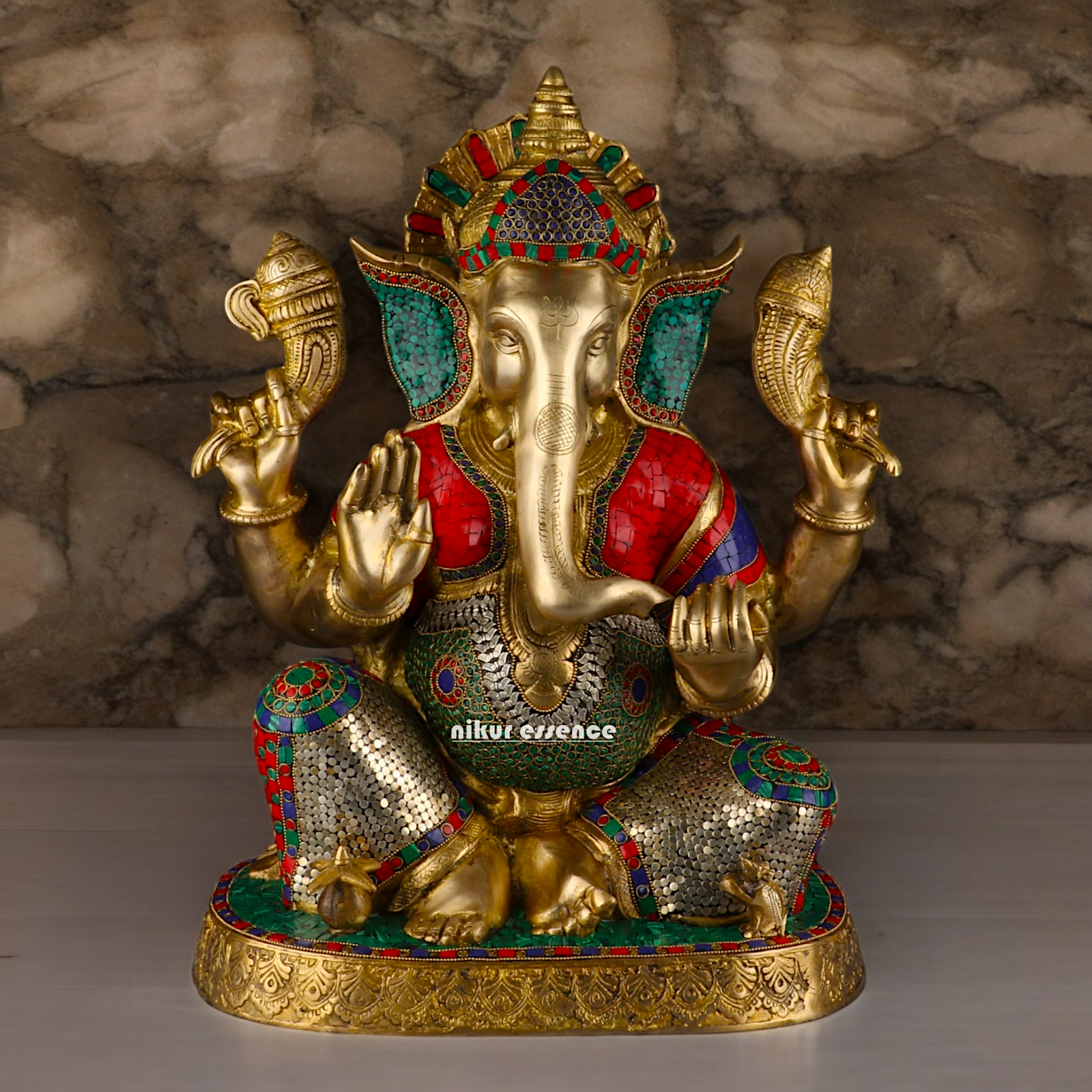 Large Ganesh Ganpati Sitting Brass beautiful Idol with Stone Work - 22 inches