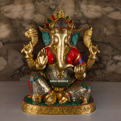 Large Ganesh Ganpati Sitting Brass beautiful Idol with Stone Work - 22 inches