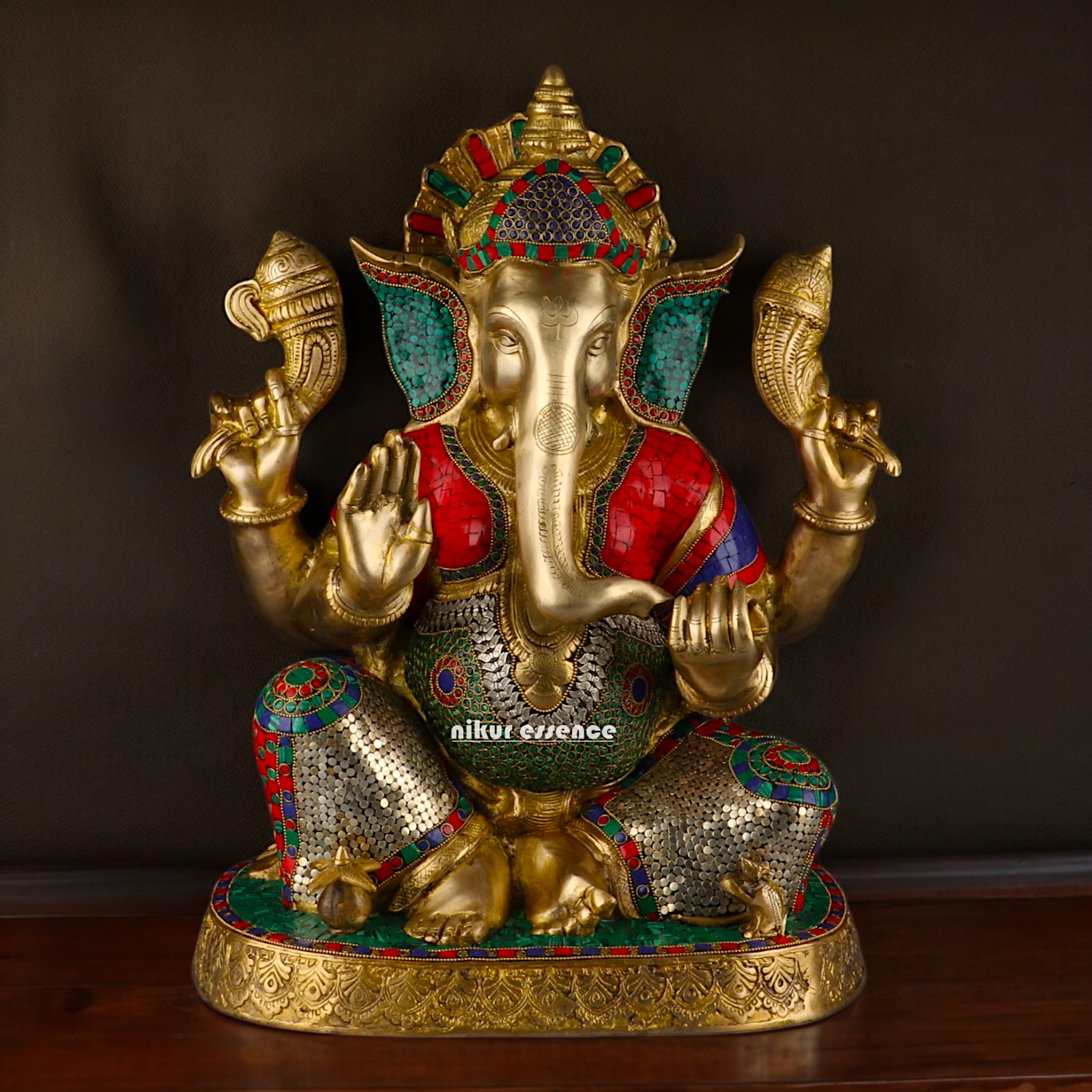 Large Ganesh Ganpati Sitting Brass beautiful Idol with Stone Work - 22 inches