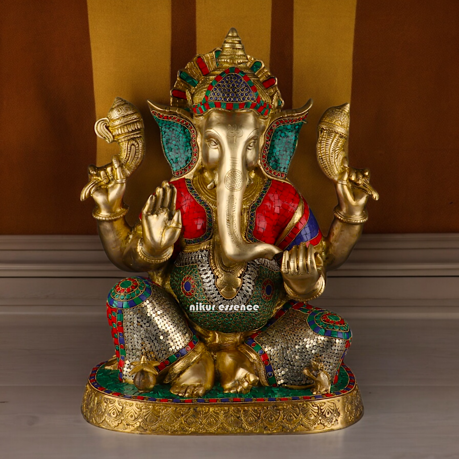 Large Ganesh Ganpati Sitting Brass beautiful Idol with Stone Work - 22 inches