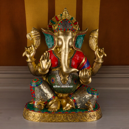 Large Ganesh Ganpati Sitting Brass beautiful Idol with Stone Work - 22 inches