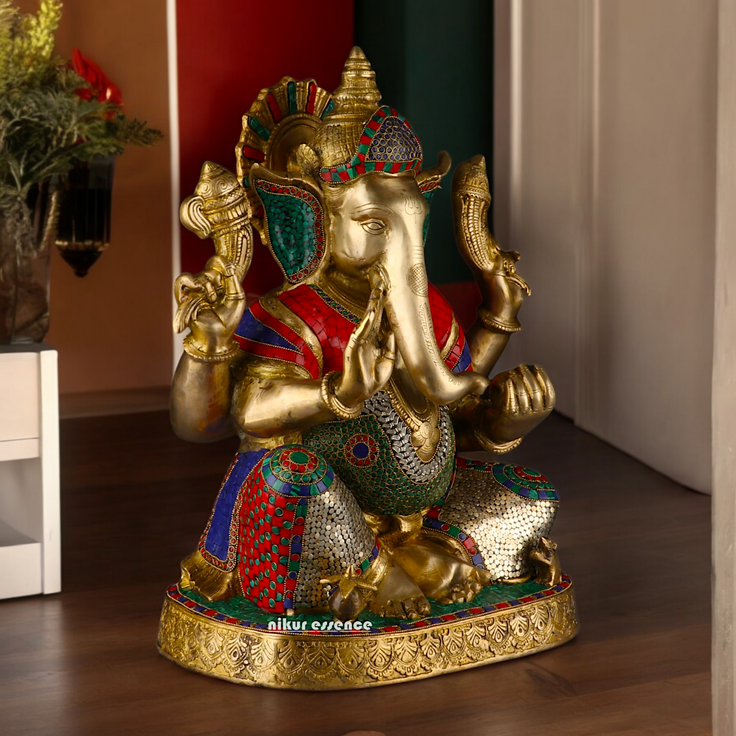 Large Ganesh Ganpati Sitting Brass beautiful Idol with Stone Work - 22 inches