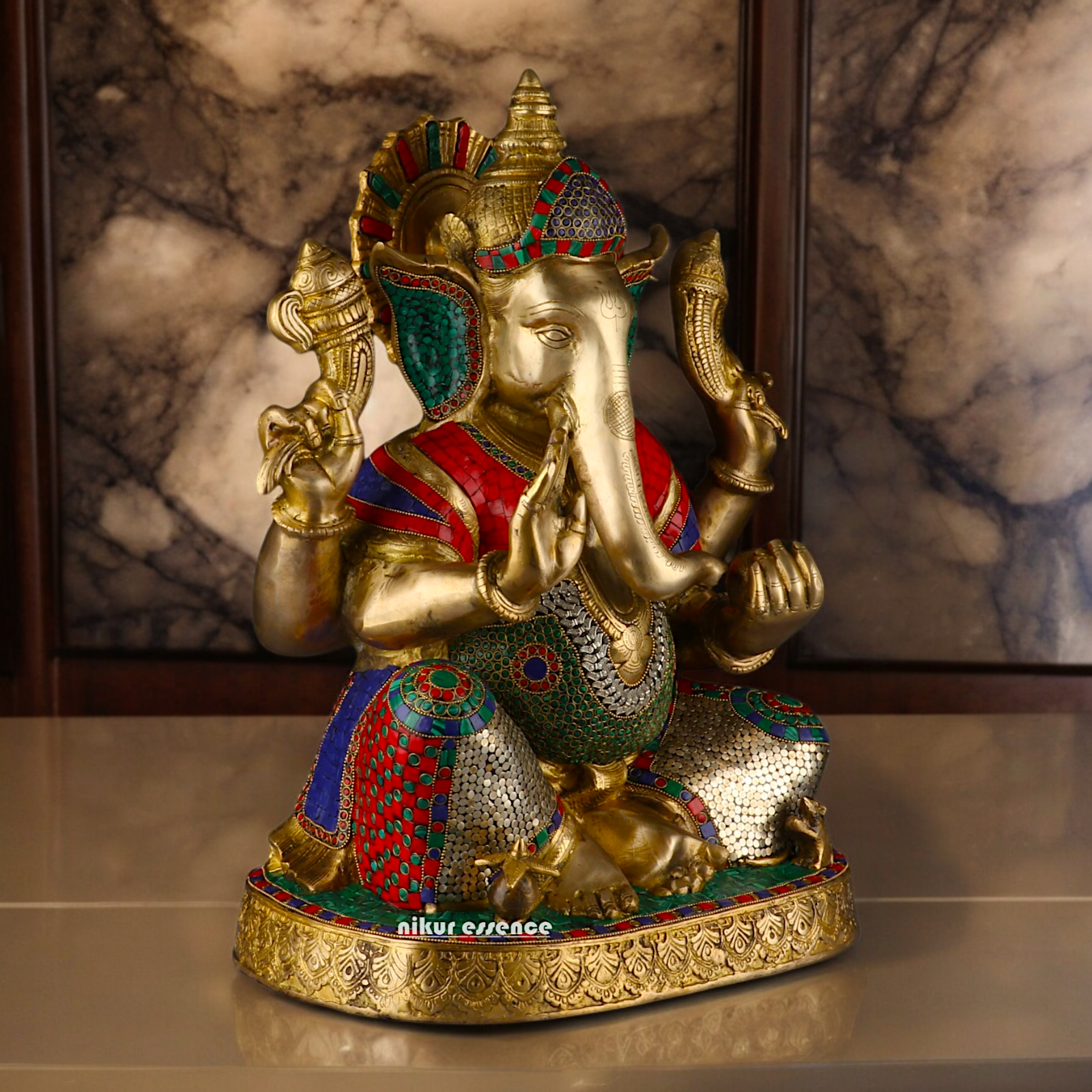 Large Ganesh Ganpati Sitting Brass beautiful Idol with Stone Work - 22 inches