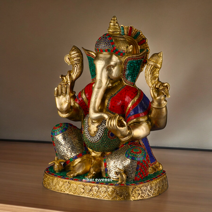 Large Ganesh Ganpati Sitting Brass beautiful Idol with Stone Work - 22 inches