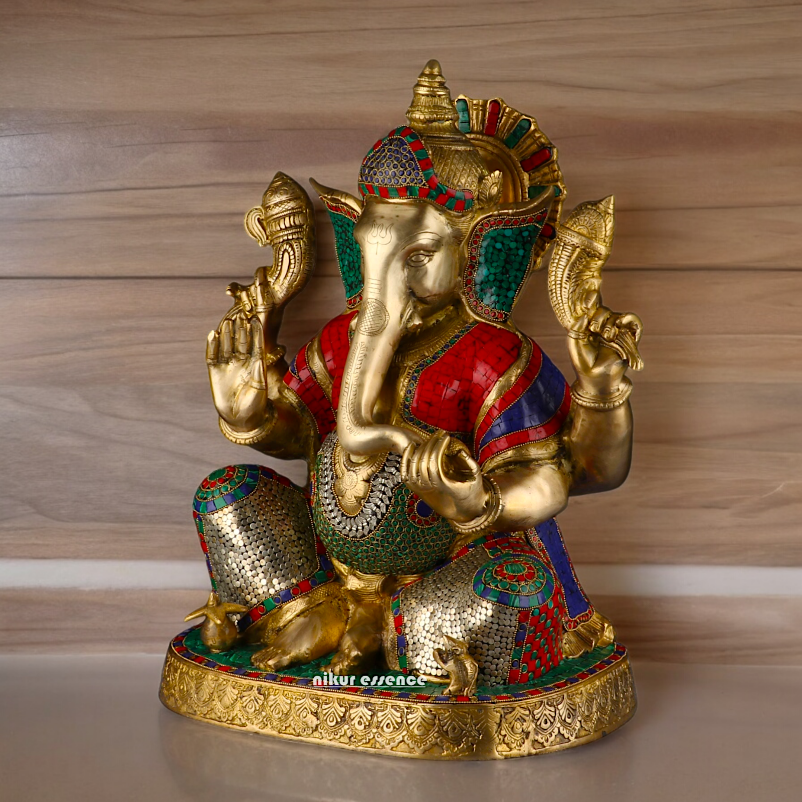 Large Ganesh Ganpati Sitting Brass beautiful Idol with Stone Work - 22 inches