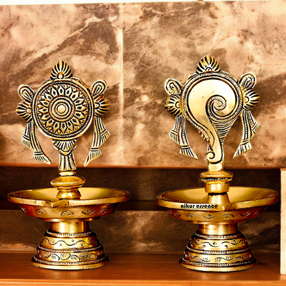 Solid Brass Shankh Chakra Diya Set - 6 inches