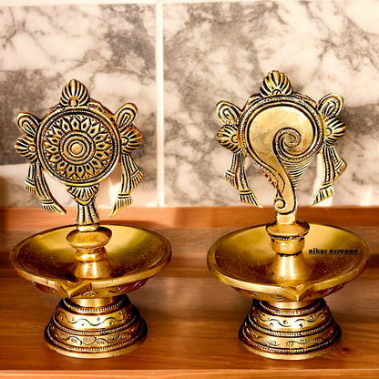 Solid Brass Shankh Chakra Diya Set - 6 inches