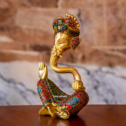 Online Ganesh Vinayaka Sitting Idol Brass with Stone Work - 6 inches