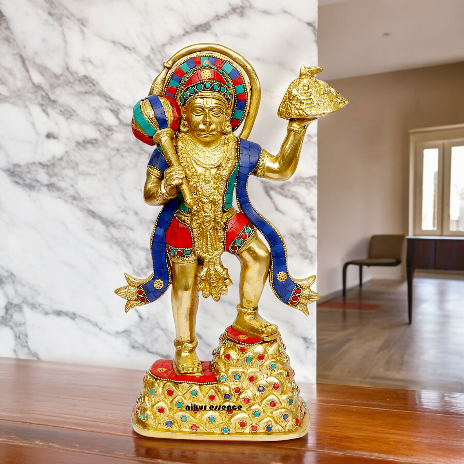 Buy Online Brass Hanuman Holding Sanjeevni Booti Idol with Stone Work - 37 cm Idols Nikuressence