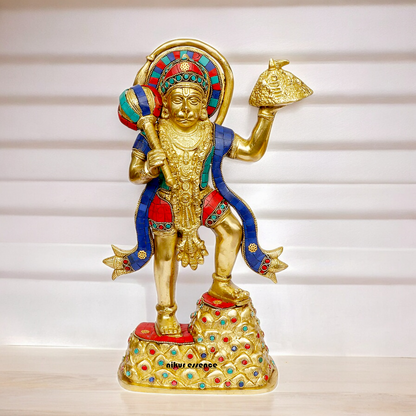 Buy Online Brass Hanuman Holding Sanjeevni Booti Idol with Stone Work - 37 cm Idols Nikuressence