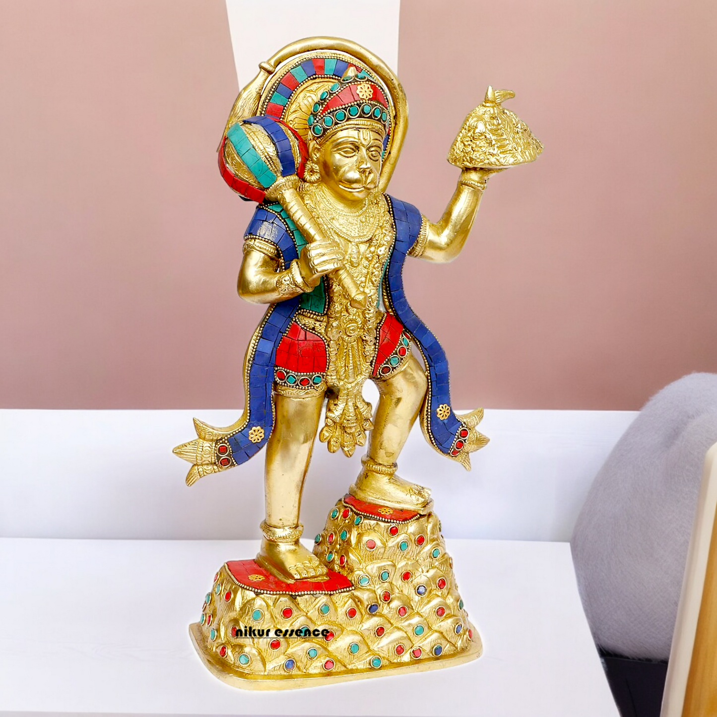 Buy Online Brass Hanuman Holding Sanjeevni Booti Idol with Stone Work - 37 cm Idols Nikuressence