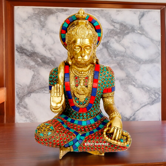 Large Brass Hanuman Monkey God Sitting with Stone Work - 27.9 cm Idols Nikuressence