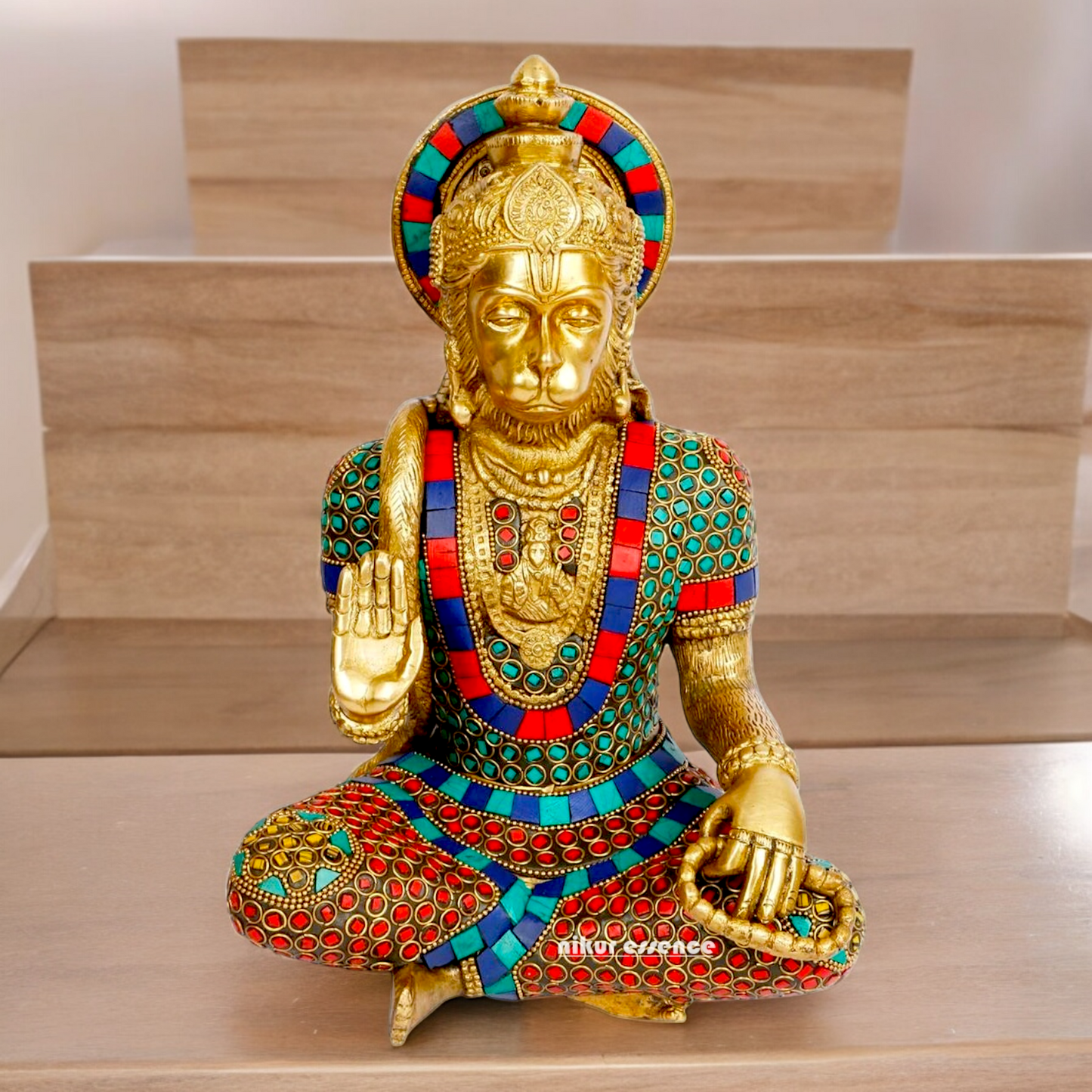 Large Brass Hanuman Monkey God Sitting with Stone Work - 27.9 cm Idols Nikuressence