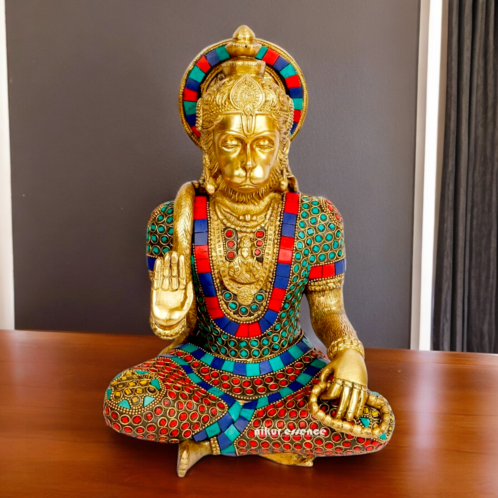 Large Brass Hanuman Monkey God Sitting with Stone Work - 27.9 cm Idols Nikuressence