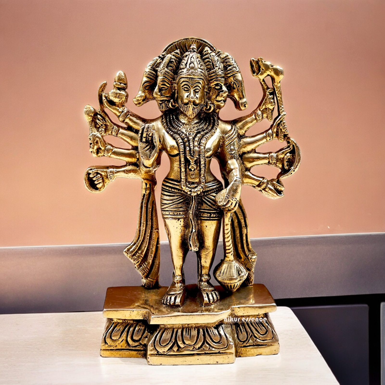 Pure Brass Panchmukhi Hanuman Standing with Gada Idol- 7.283 inches