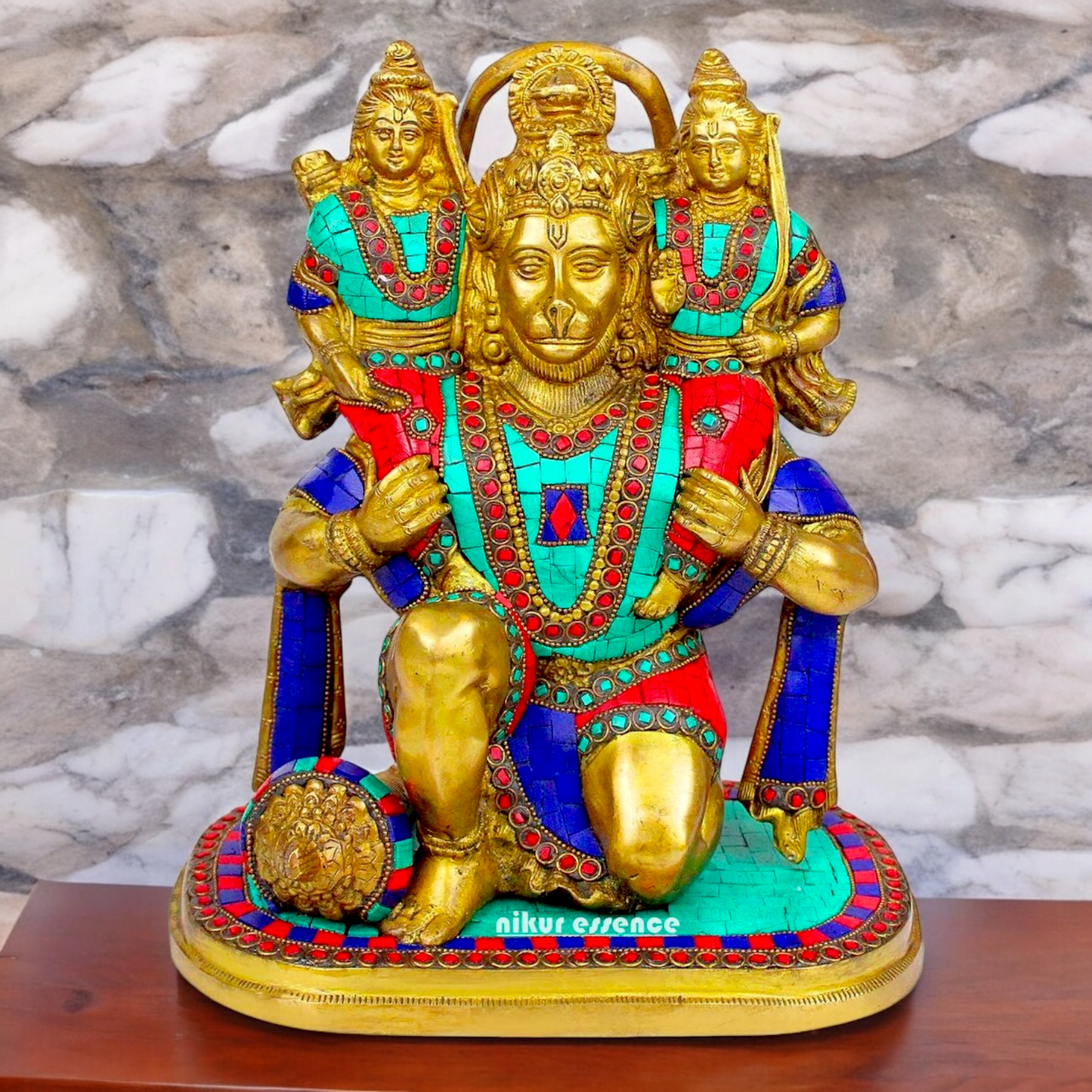 Online Brass Hanuman Carring Ram and Laxman on Shoulder idol with stone work - 12 Inch height Idols Nikuressence