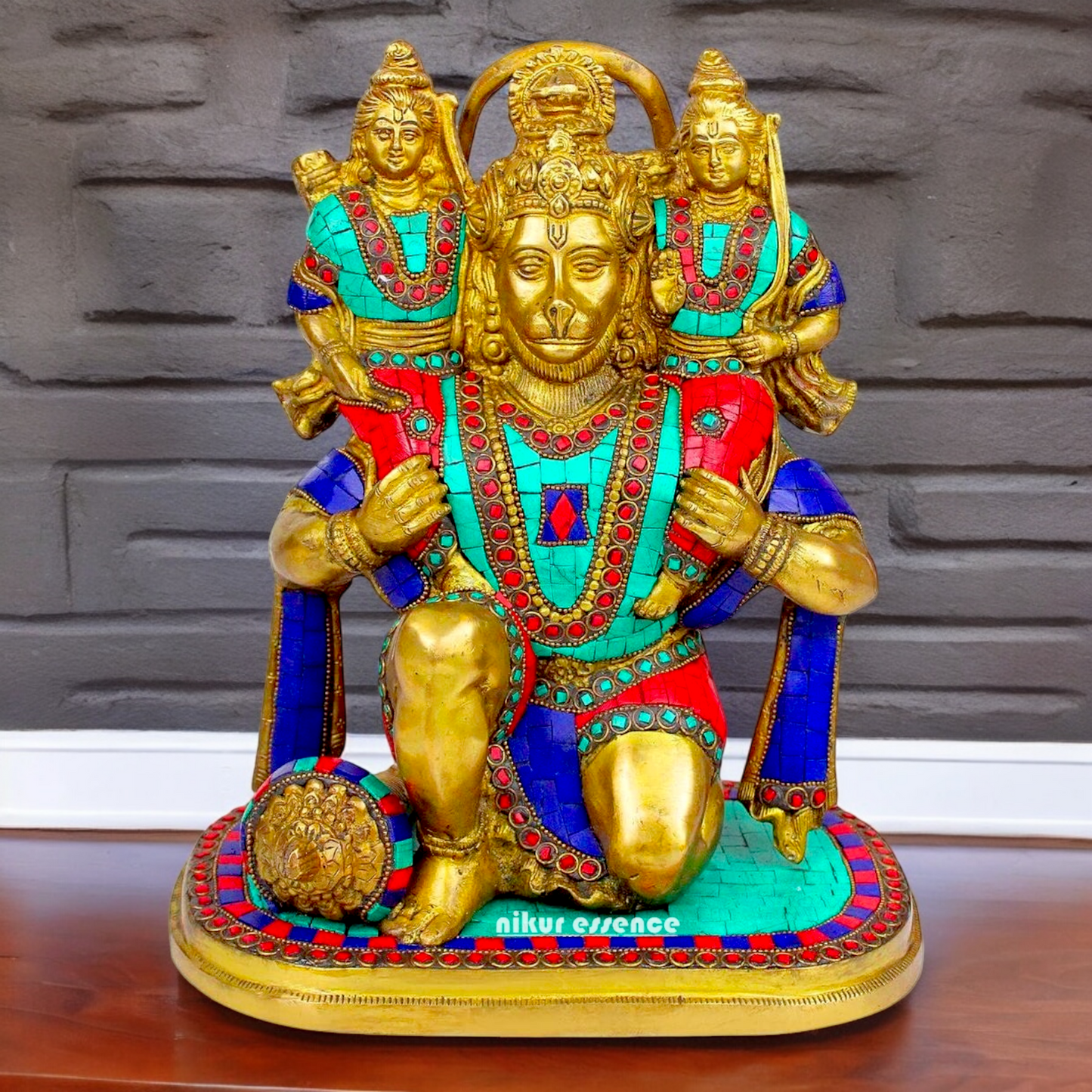 Online Brass Hanuman Carring Ram and Laxman on Shoulder idol with stone work - 12 Inch height Idols Nikuressence