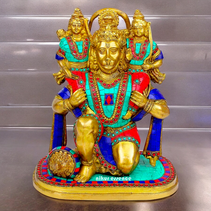 Online Brass Hanuman Carring Ram and Laxman on Shoulder idol with stone work - 12 Inch height Idols Nikuressence