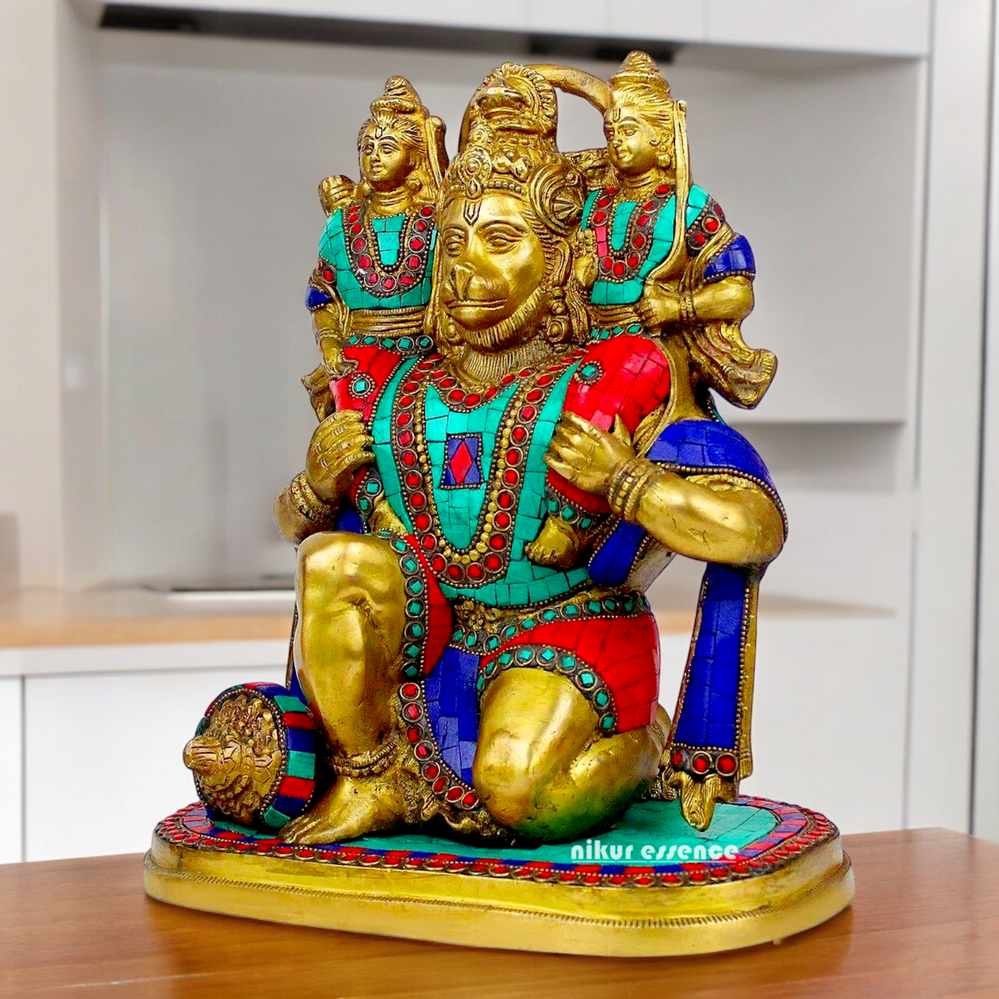 Online Brass Hanuman Carring Ram and Laxman on Shoulder idol with stone work - 12 Inch height Idols Nikuressence