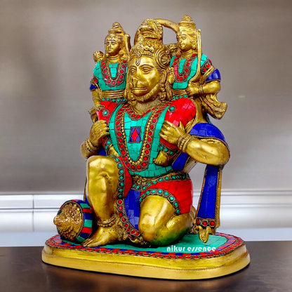 Online Brass Hanuman Carring Ram and Laxman on Shoulder idol with stone work - 12 Inch height Idols Nikuressence