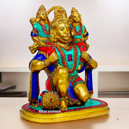 Online Brass Hanuman Carring Ram and Laxman on Shoulder idol with stone work - 12 Inch height Idols Nikuressence