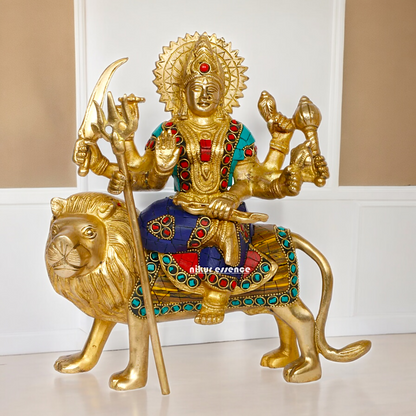 Pure Brass Sherwali Devi Maa Idol with Stone work - 9.5 Inch