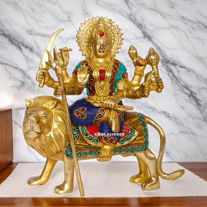 Pure Brass Sherwali Devi Maa Idol with Stone work - 9.5 Inch