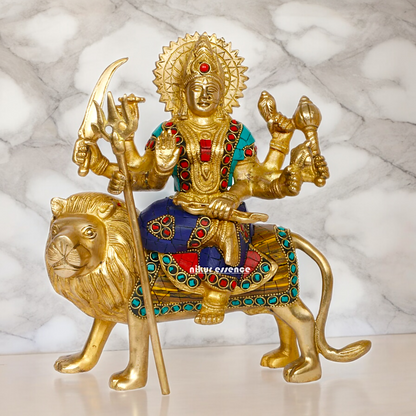 Pure Brass Sherwali Devi Maa Idol with Stone work - 9.5 Inch