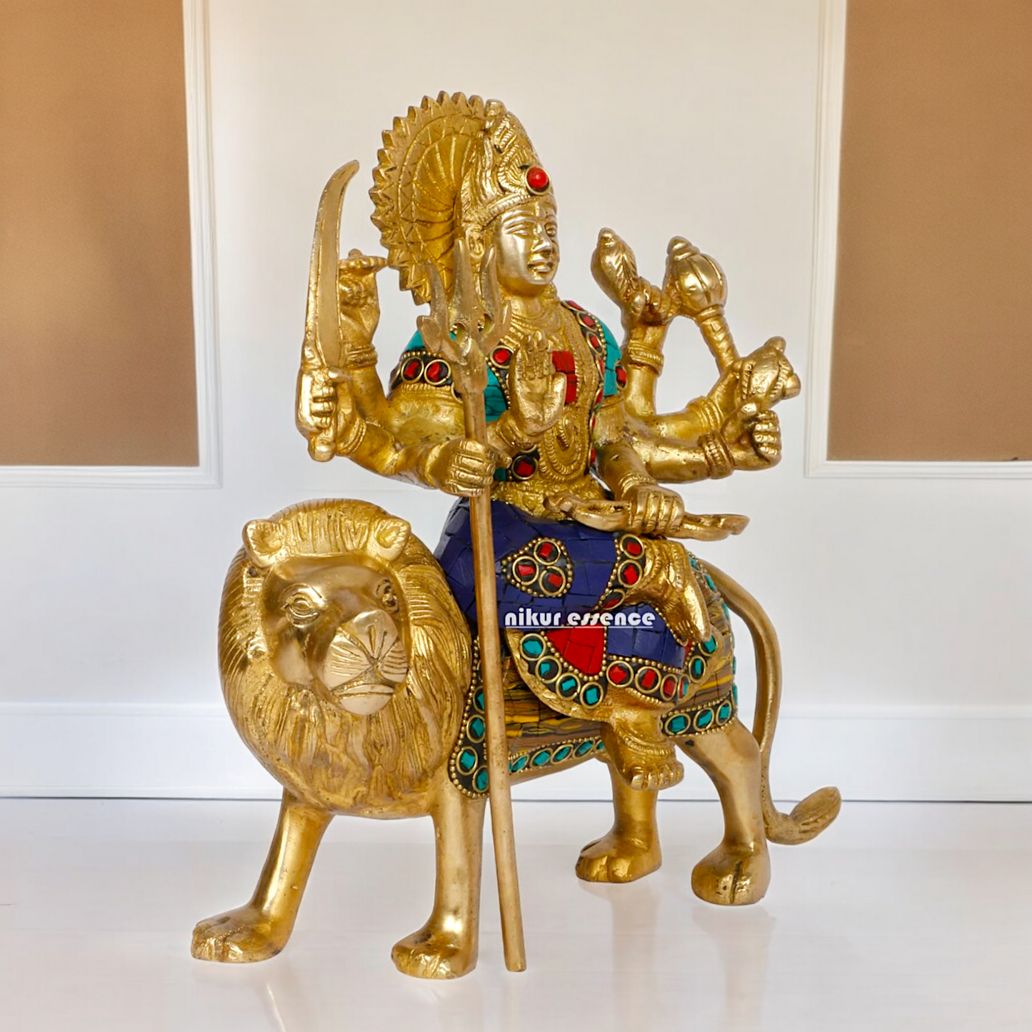 Pure Brass Sherwali Devi Maa Idol with Stone work - 9.5 Inch