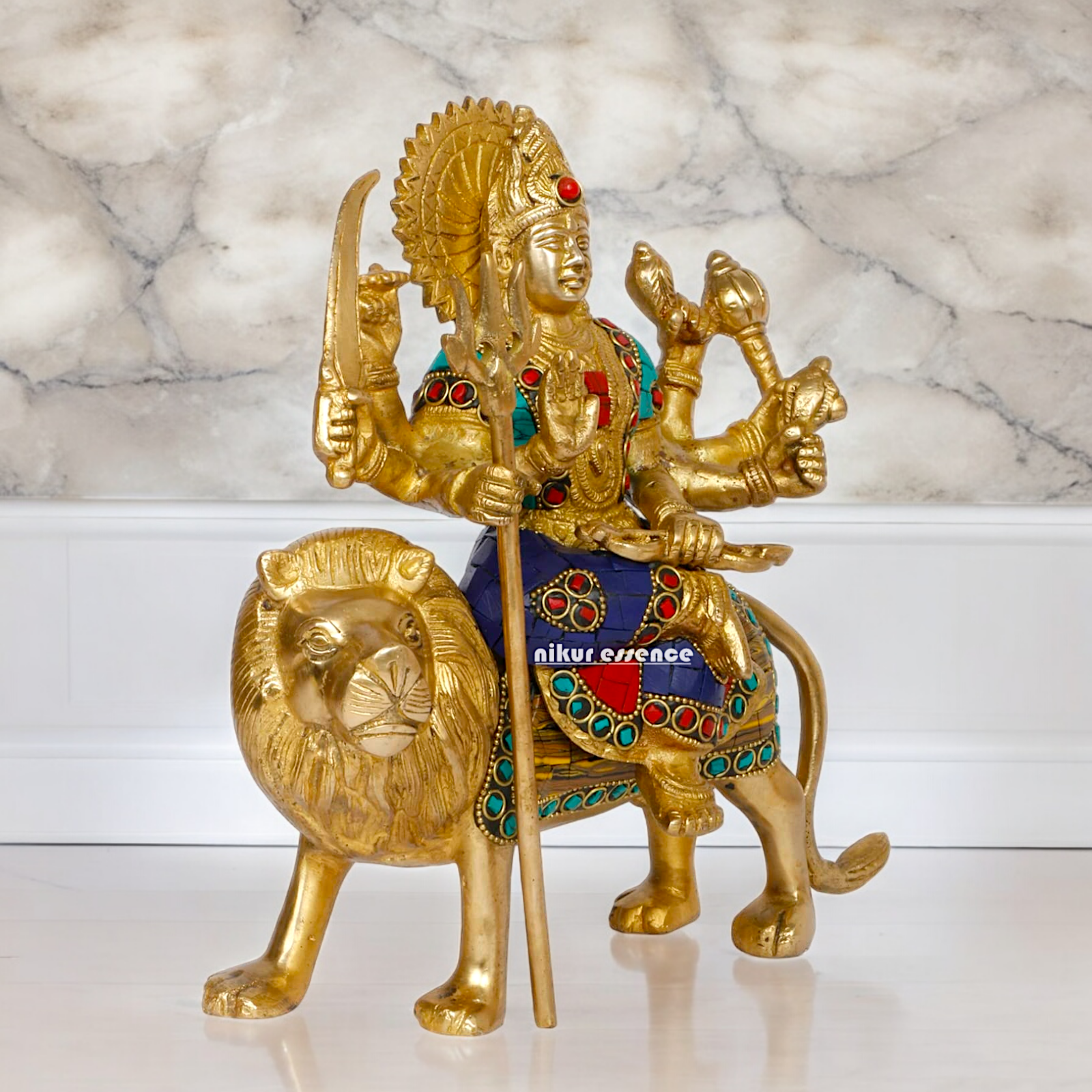 Pure Brass Sherwali Devi Maa Idol with Stone work - 9.5 Inch