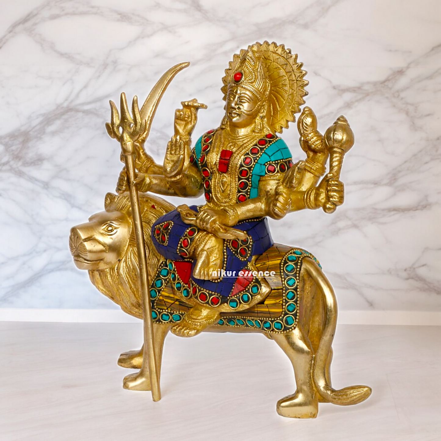 Pure Brass Sherwali Devi Maa Idol with Stone work - 9.5 Inch