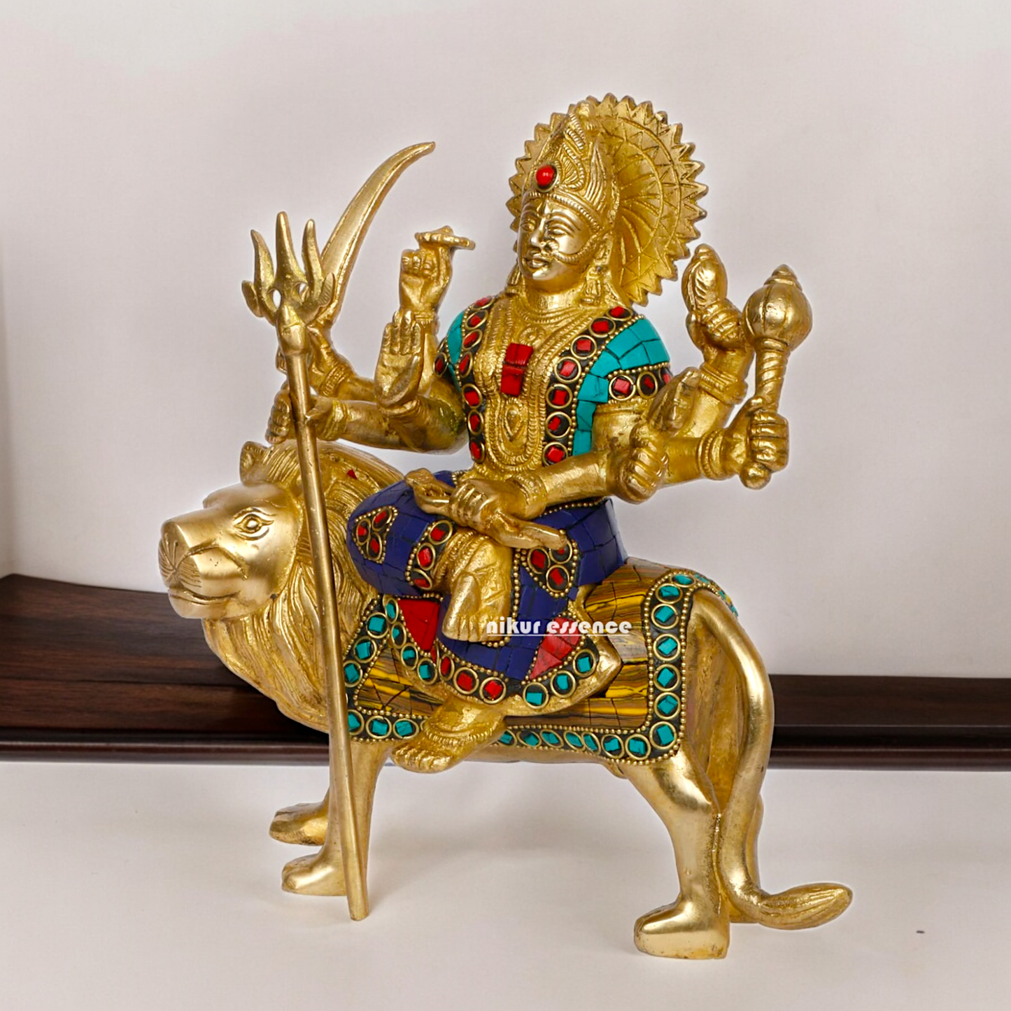 Pure Brass Sherwali Devi Maa Idol with Stone work - 9.5 Inch