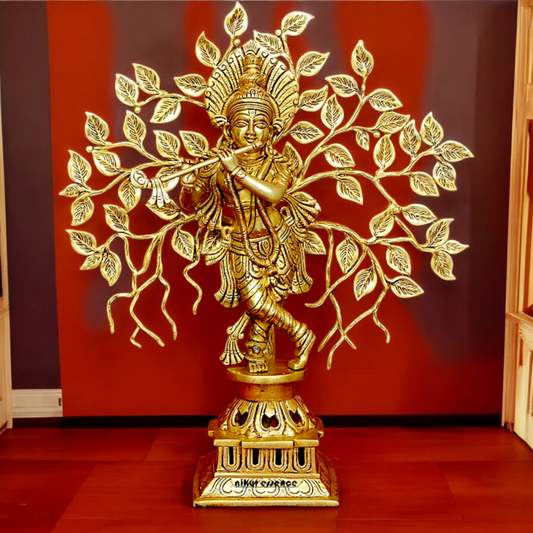 Buy Solid Brass Krishna Playing Flute with Tree Idol - 18 inches