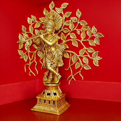 Buy Solid Brass Krishna Playing Flute with Tree Idol - 18 inches