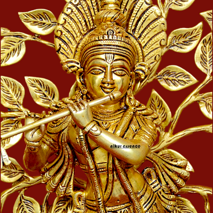 Buy Solid Brass Krishna Playing Flute with Tree Idol - 18 inches