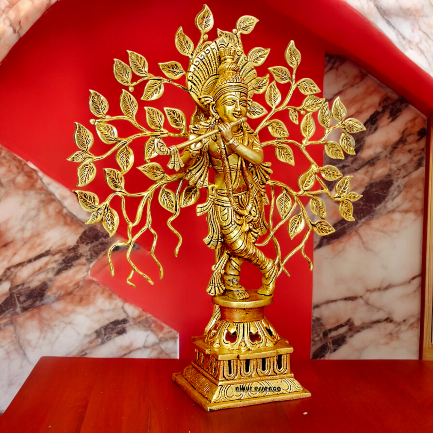 Buy Solid Brass Krishna Playing Flute with Tree Idol - 18 inches