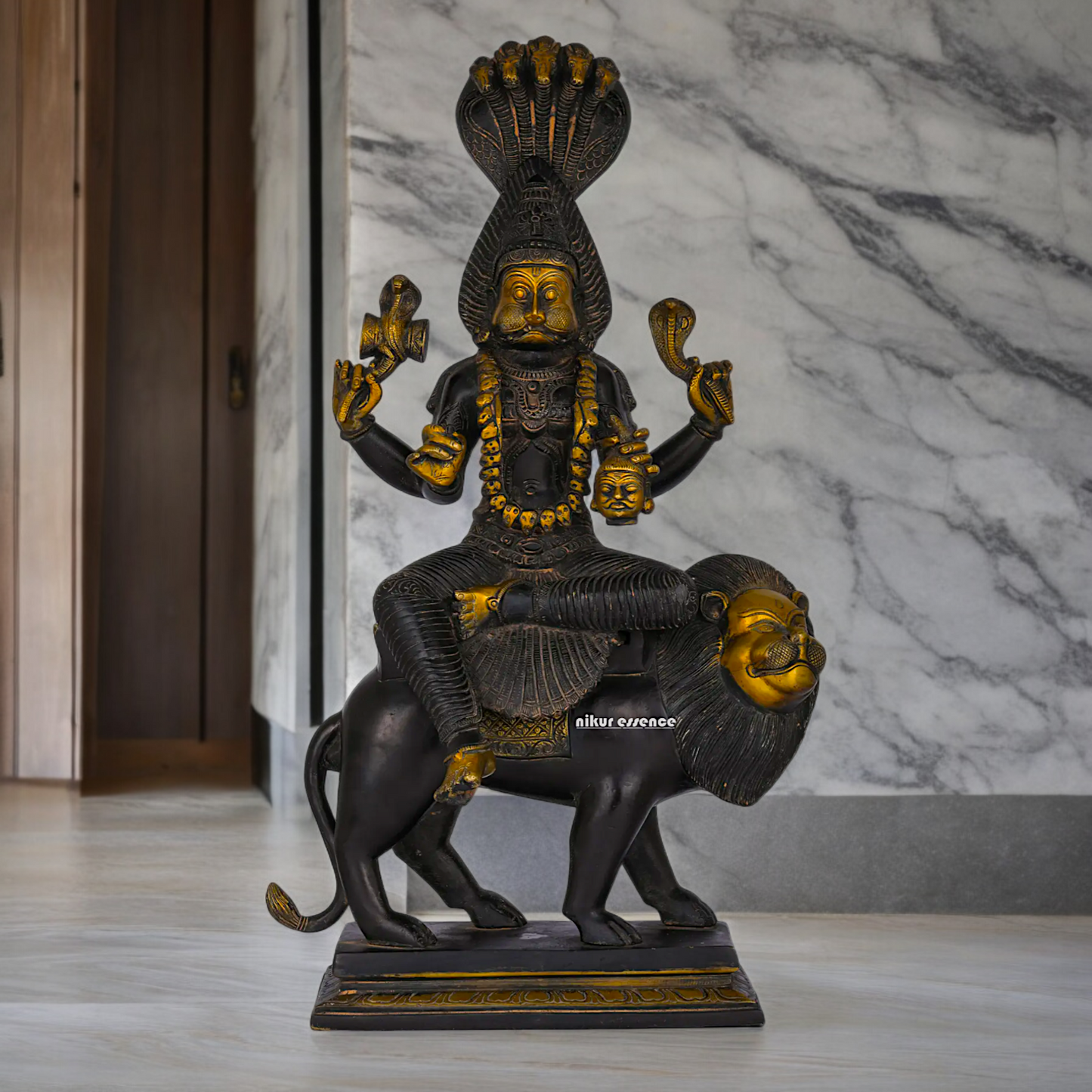 Superfine Brass Black Durga Maa Sitting on Lion with Sheshnag Idol - 19.094 inches