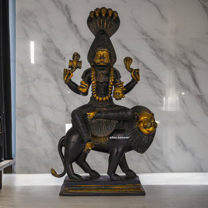 Superfine Brass Black Durga Maa Sitting on Lion with Sheshnag Idol - 19.094 inches