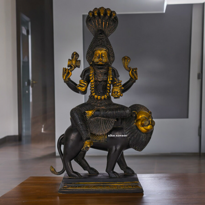 Superfine Brass Black Durga Maa Sitting on Lion with Sheshnag Idol - 19.094 inches