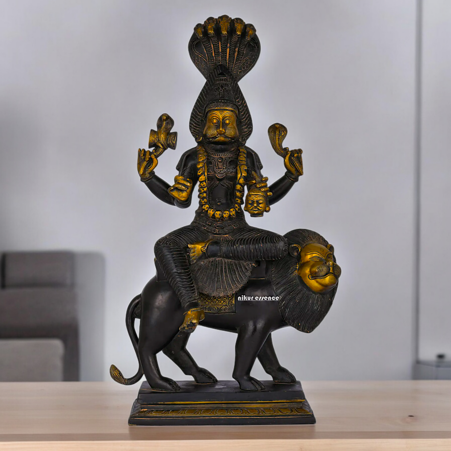 Superfine Brass Black Durga Maa Sitting on Lion with Sheshnag Idol - 19.094 inches